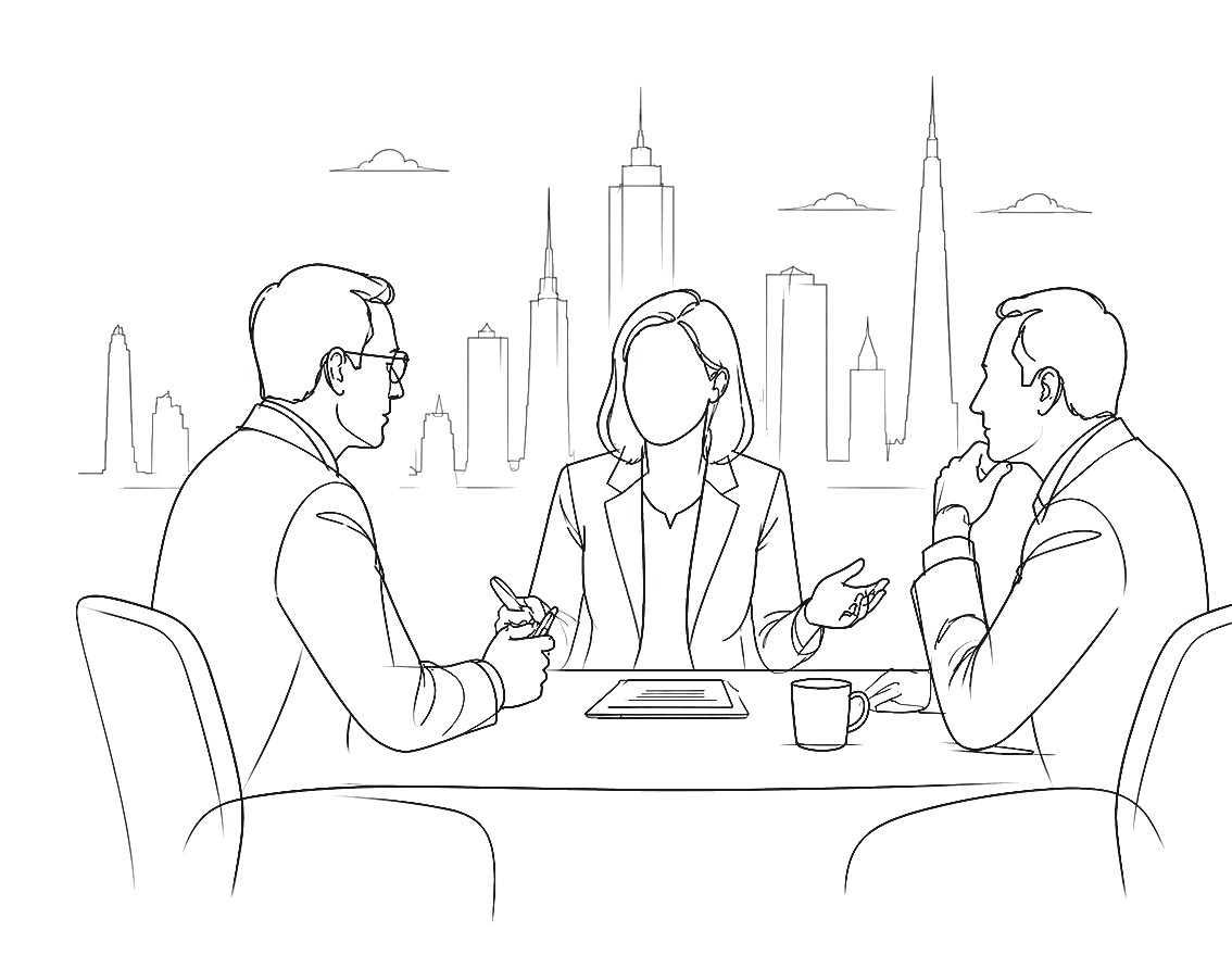 Three executives in conversation at a conference table with a city skyline backdrop